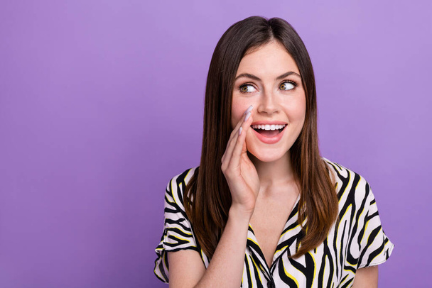 Closeup photo of young sweet girl wear zebra shirt look empty space telling secret rumors proposition isolated on violet color background. - Valokuva, kuva