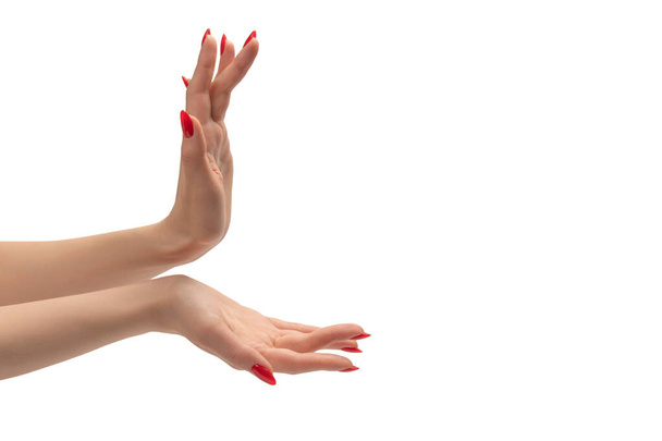 Woman hand with red nails holding something, isolated on a white background.  - Foto, Bild