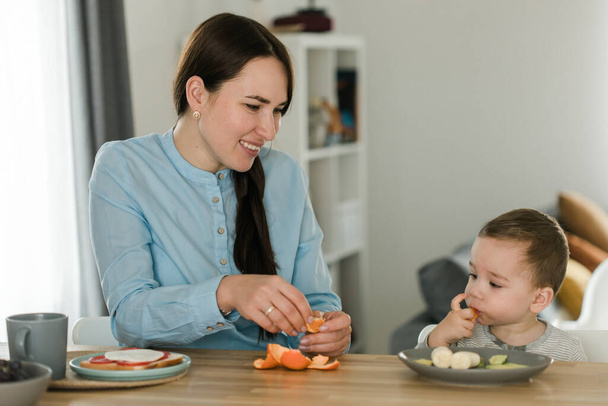 Young mother feeding her baby son with fruit puree - Fotoğraf, Görsel