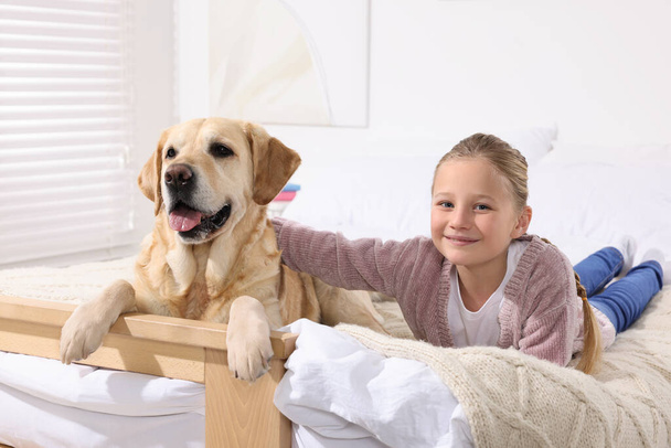 Cute child with her Labrador Retriever on bed at home. Adorable pet - Photo, Image