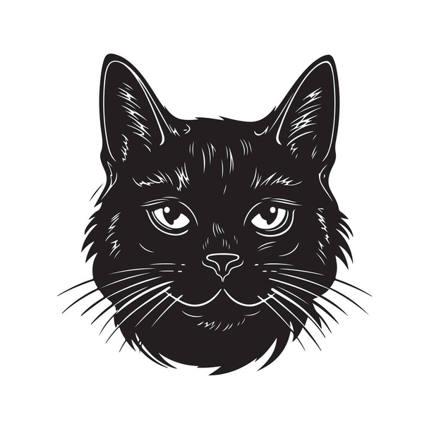 cat head, vintage logo line art concept black and white color, hand drawn illustration - Vector, imagen