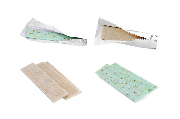 Collage with sticks of chewing gum on white background - Photo, Image