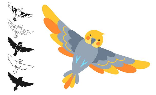 Set di cartoni animati tropicali pappagallo. Ninfe lucenti esotiche o pappagalli cockatiel che volano silhouette, segno di contorno o inciso collezione infantile. Selvaggina giungla hawaiana carino uccello, divertente vivido personaggio vettore - Vettoriali, immagini
