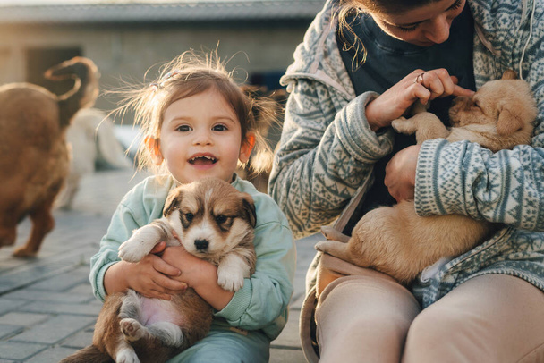 Nätti pikkutyttö pitelee pientä koiraa ulkona ja istuu sitten äitinsä vieressä. Onnellinen äiti ja tytär lemmikin kanssa takapihalla. Perhekäsite - Valokuva, kuva