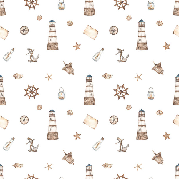 Nautical with lighthouse, helm, bell, shell, note bottle, anchor on white background Watercolor seamless pattern - Photo, Image