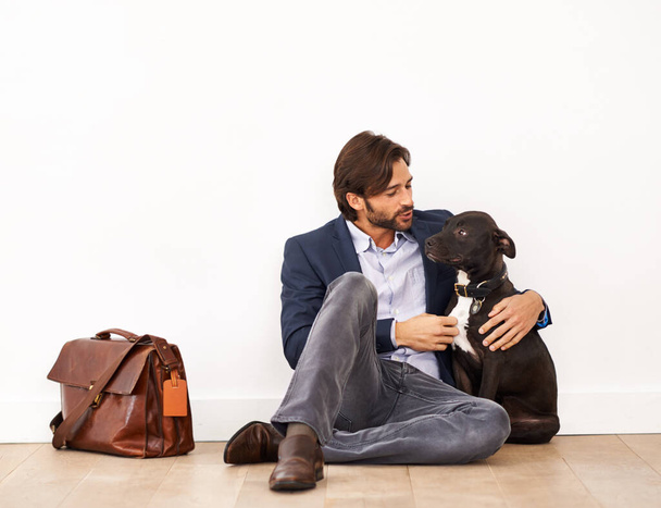 俺の親友だ。忠実な犬と一緒に座っている魅力的なビジネスマン - 写真・画像