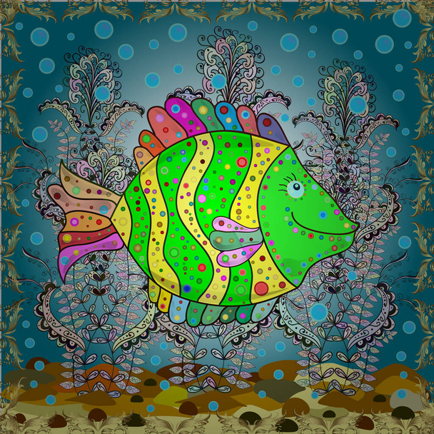Aquarel handgetekende elementen. Zeeleven. Mooie naadloze patroon met kleurrijke aquarel vissen. Oceaan vis op gekleurde achtergrond. Vectorillustratie. - Vector, afbeelding
