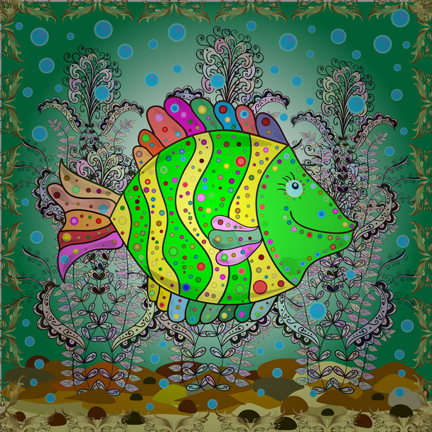 Nahtlos. Fisch-Doodle-Stil. Vektorillustration. Handgezeichnet. Fische auf gelb, neutral und grün. - Vektor, Bild
