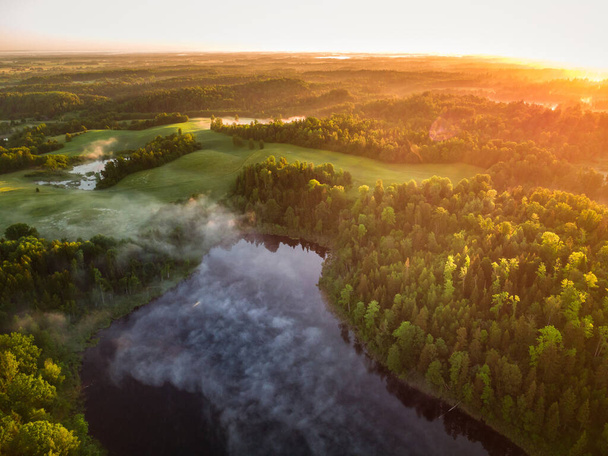 Majestic Morning: A Drone's Eye View of a Misty Lake in the Woods at Sunrise - Фото, зображення