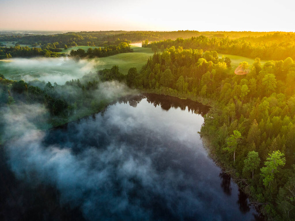Majestic Morning: A Drone's Eye View of a Misty Lake in the Woods at Sunrise - Фото, зображення