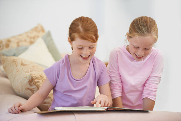 Ponořit se do světa pohádek. Dvě sestry čtou knihu příběhů v salonku - Fotografie, Obrázek