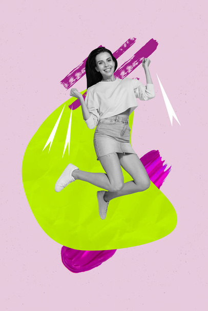 Magazine billboard funky collage of happy excited young woman jumping on bright background winning shopping lottery. - Foto, imagen