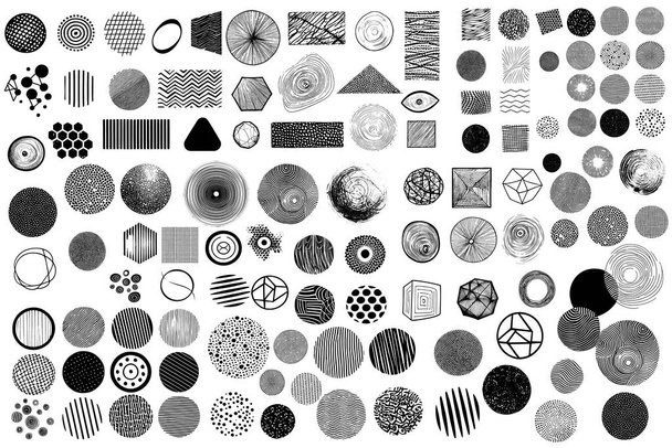 Big set of grungy abstract black shapes hand drawn textures. Lines, circles, triangles. Hand drawn elements for your graphic design. Vector illustration - Vector, Image