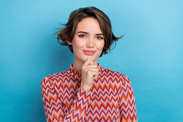 Photo of cheerful thoughtful woman dressed striped top arm chin smiling isolated blue color background. - Fotoğraf, Görsel