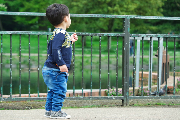 Luton, Anglia, Wielka Brytania - 9 maja 2023: uroczy chłopczyk w wiosennym parku  - Zdjęcie, obraz