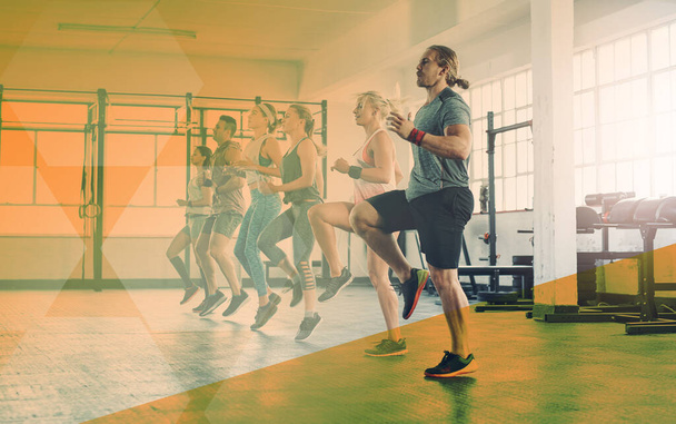 Group, gym exercise and personal trainer in cardio training or fitness, workout and class, club or team, practice or routine space. People, running and athletic body or friends exercising banner. - Photo, Image