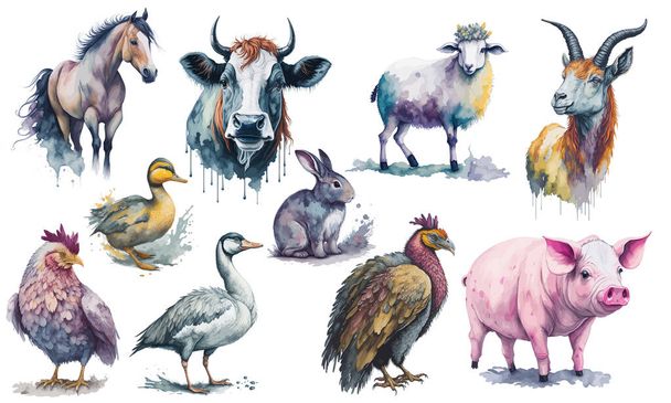 Collezione di acquerelli per animali da fattoria. Illustrazione vettoriale - Vettoriali, immagini