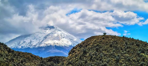 Ecuador, Cotopaxi, Nationalpark Cotopaxi, schneebedeckter Vulkan Cotopaxi und die umliegenden Steppen unter wolkenverhangenem Himmel - Foto, Bild