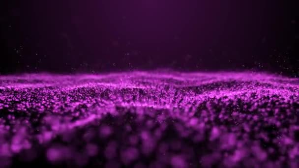 Abstract digitale golf van deeltjes en energie. Deeltjes roze energie verspreiden zich over de ruimte die het verlicht. De golf overstroomt langzaam en creëert een nieuwe. 3d animatie voor de achtergrond - Video