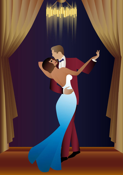 man and woman dancing against wallpaper and curtains, party, art deco, couple dressed in retro style - Vektor, kép