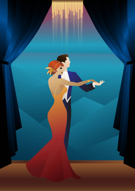 Mann und Frau tanzen gegen Tapeten und Vorhänge, Party, Art Deco, Paar im Retro-Stil gekleidet - Vektor, Bild