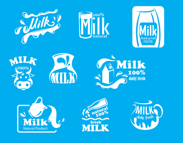 Blue and white milk symbols, icons or logos - Vector, Image
