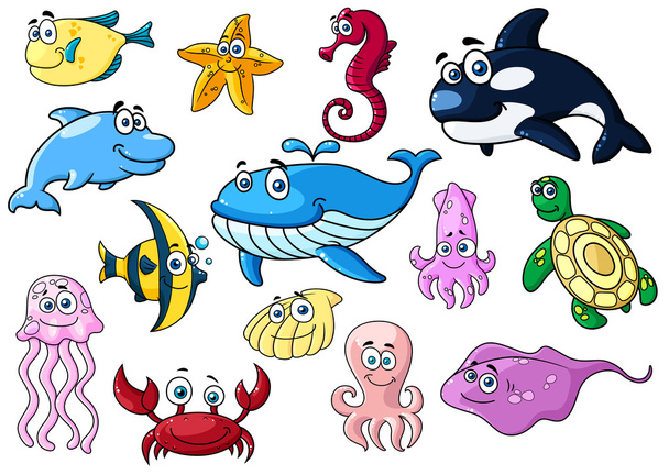 Karikatür deniz hayvanlar mutlu duygularla - Vektör, Görsel