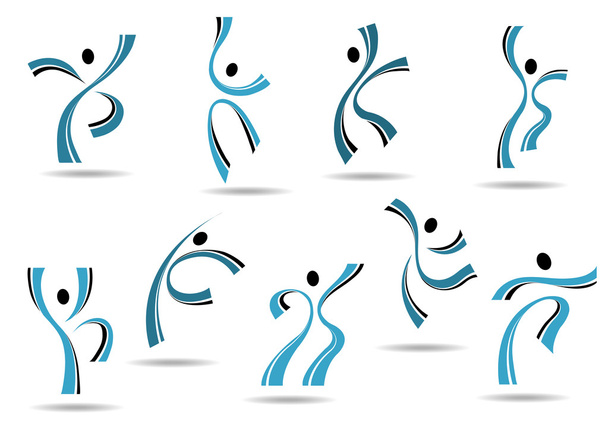 Set stilisierter blauer Ikonen tanzender Menschen - Vektor, Bild