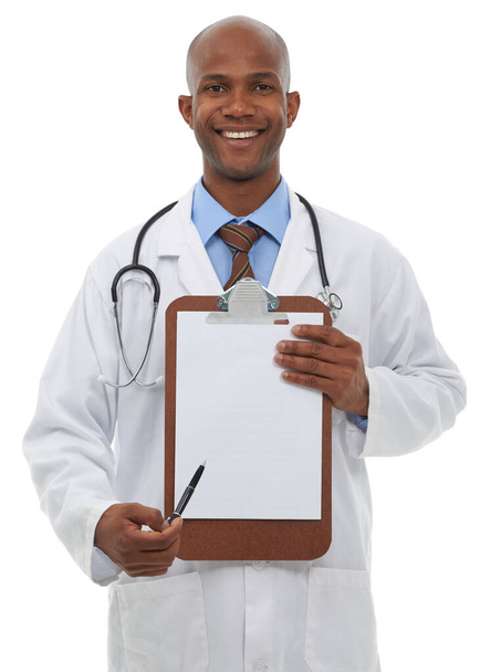 Put your copy space on this clipboard. A young doctor with some important paperwork on a clipboard - Zdjęcie, obraz
