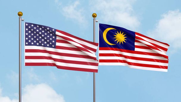 Waving flags of the United States of America and Malaysia on sky background. Illustrating International Diplomacy, Friendship and Partnership with Soaring Flags against the Sky. 3D illustration - Foto, Imagem