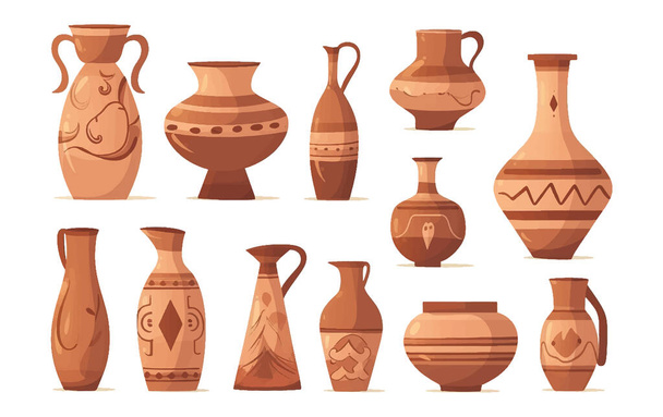 zestaw wektor ilustracja starożytnej greckiej brązowej wazy z winem lub oliwą z oliwek izolat na białym. - Wektor, obraz