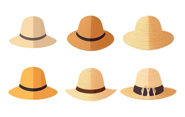 白地に隔離されたビーチで着用する夏の帽子のセットベクトルイラスト. - ベクター画像