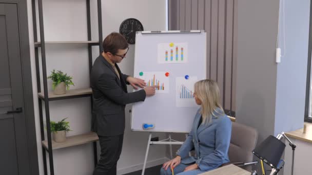 A magabiztos üzleti tanácsadó prezentációt tart a flip chart-on. Egy fiatal nő és egy férfi beszélgetnek és megbeszélik az irodában az üzleti terveiket. - Felvétel, videó