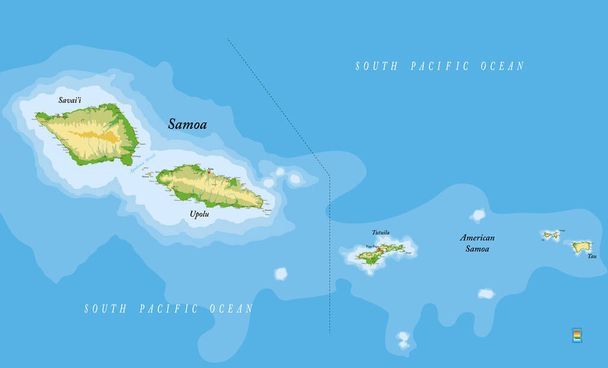 Samoa en Amerikaans-Samoa zeer gedetailleerde fysieke kaart - Vector, afbeelding