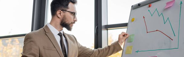 вдумчивый и амбициозный бизнесмен в бежевом стильном пиджаке, галстуке и очках прикрепляя липкую ноту на флип-чарте с инфографикой в офисе, баннер - Фото, изображение
