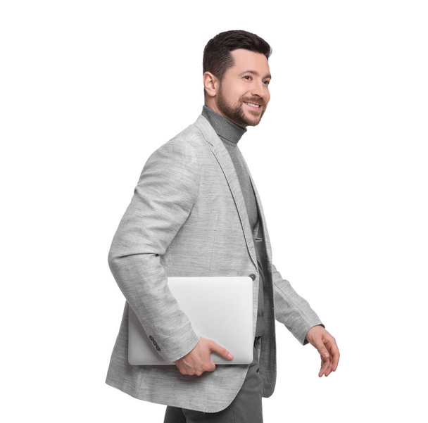 Handsome bearded businessman with tablet on white background - Foto, Imagen
