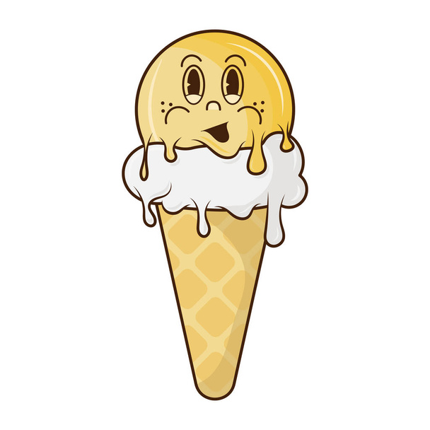 Ice cream in a bright cartoon style of Groovy. Ice cream vector in pleasant colors. isolated on a white background.  - Vektori, kuva