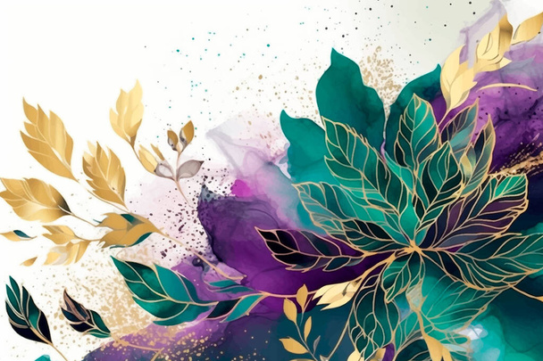 Arrangement abstract watercolor pattern with line art flowers, leaves. Vector modern tropical background. Floral leafy pattern. Fashion trendy abstract colorful arrangements with gold glitters, spray. - Vector, Image