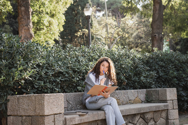 Giovane donna riccia focalizzata che tiene il pennarello vicino alle labbra e al notebook mentre guarda la fotocamera vicino ai gadget sulla panchina di pietra e alle piante verdi nel parco di Barcellona, Spagna  - Foto, immagini