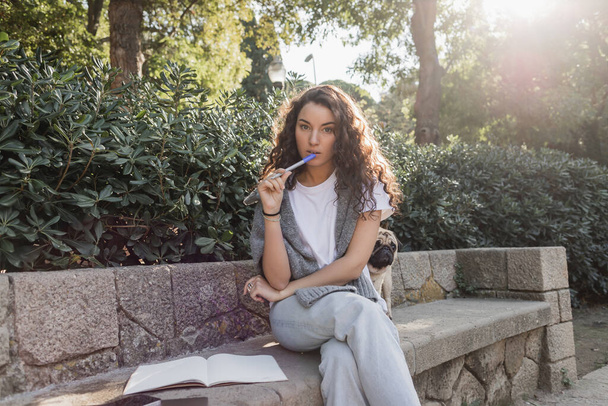 Lockige junge Frau in lässiger Kleidung, die in die Kamera blickt und Filzstift an den Lippen hält und neben Smartphone, Notizbuch und Mops auf einer Steinbank im Park von Barcelona sitzt, Spanien  - Foto, Bild