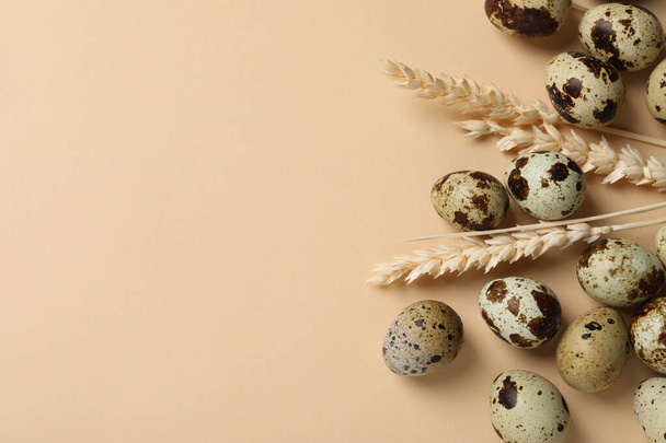 Many speckled quail eggs and decorative ears of wheat on beige background, flat lay. Space for text - Foto, Imagen