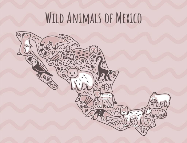 Animali del Messico sulla mappa. Illustrazione vettoriale in stile Doodle. Schema schematico. - Vettoriali, immagini