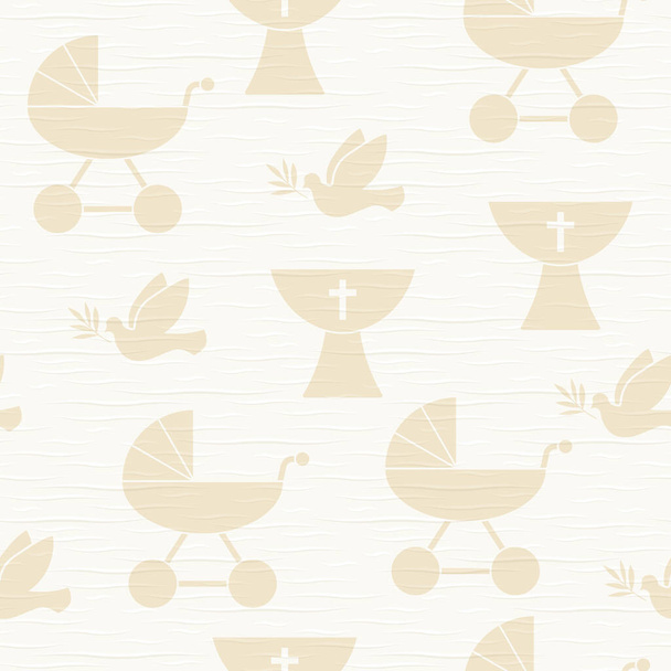 texture de papier sans couture avec symboles de baptême saint, landau, colombe avec rameau d'olive et illustration vectorielle fontaine baptismale - Vecteur, image