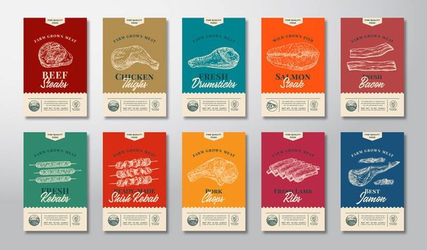 Meat, Fish, Poultry and Kebabs Abstract Vector Packaging Labels Design Set. Modern Typography Banners, Hand Drawn Food Illustrations. Color Paper Background Layouts Collection. Isolated - Vektori, kuva