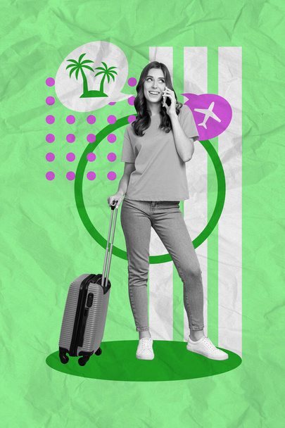 Vertical 3d graphical collage young traveler female hold baggage speak mobile summer holiday start work end drawing photo. - Fotoğraf, Görsel