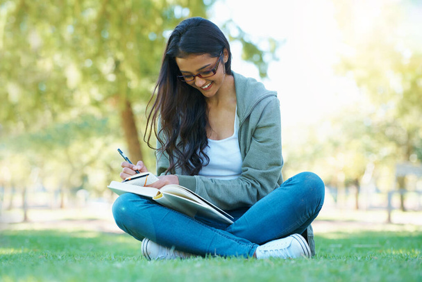 Voorbereiding van examens. Een studente die haar studieboek in het park bestudeert - Foto, afbeelding