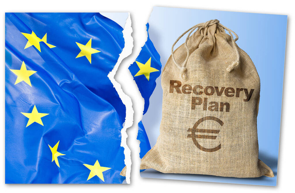 Twijfels en problemen over het Europees herstel- en weerbaarheidsplan tegen de crisis van de Covid-viruspandemie - concept met Europese vlag, jutezak met geld en gescheurd imago - Foto, afbeelding