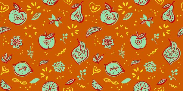 Vegan style seamless vector pattern with tropical fruits, vibrant fantasy colors - Vektör, Görsel