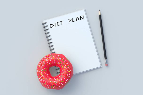 Inscription diet plan on notepad near donut and pencil. Healthy eating. Calorie control. Nutritionist consultation. Meal schedule. Slimming concept. Top view. 3d render slimming - Foto, imagen