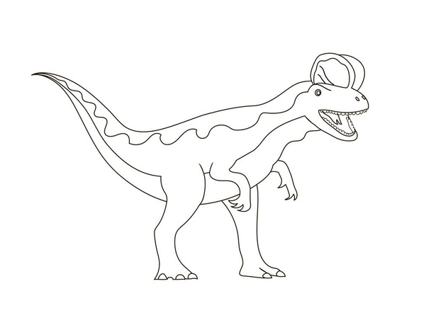 Хищный динозавр-дилофозавр юрского периода. Доисторический сильный охотник. Векторная карикатура. Черно-белая линия. Цветовая страница для детей - Вектор,изображение